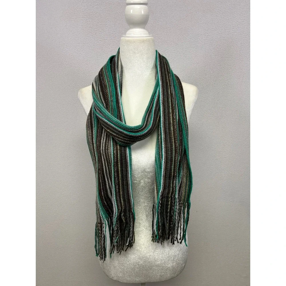 Boho Gorpcore Unisex OS Green Brown Striped Fringed Knit Scarf